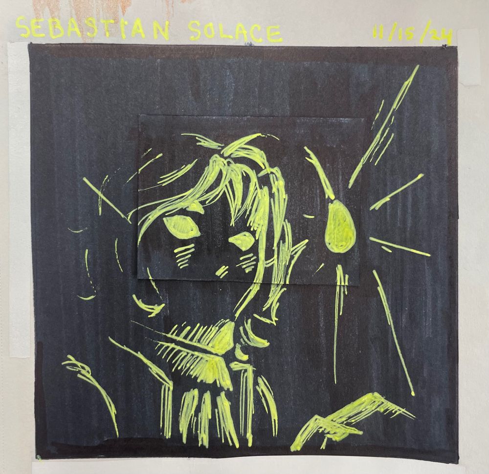 On a black background, a yellow Sebastian Solace can be seen through a lighsource emitting from his lure