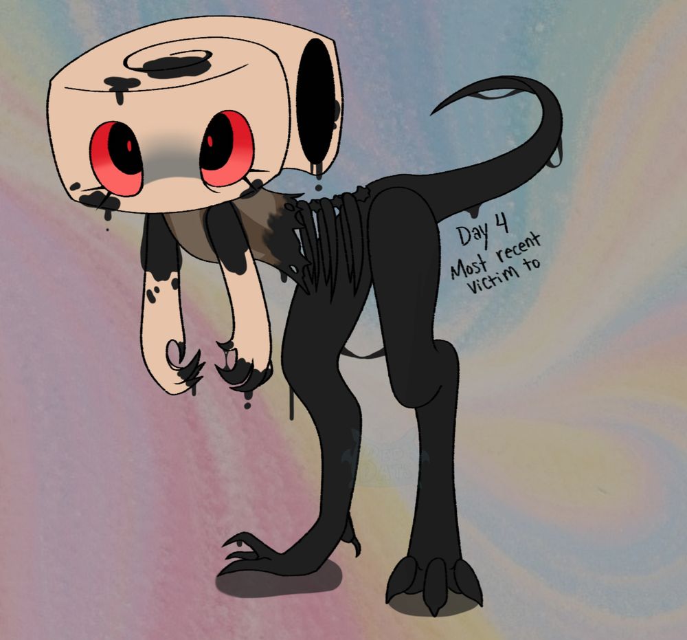 a digital drawing of Dandy's World twisted Shelly dripping Ichor with her head tilted down yet eyes staring right into her victim as her hunched body dangles and watches. Text states "Day 4 Most recent victim to'