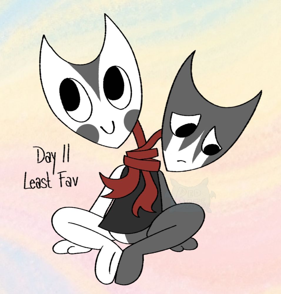 a digital drawing of Dandy's World Razzle and Dazzle sitting down. Text states 'Day 11 Least Fav'