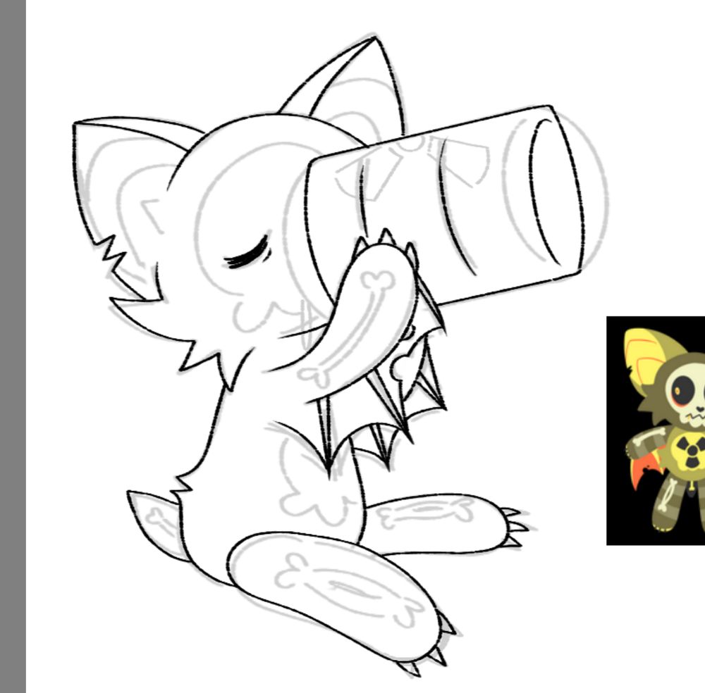 a digital sketch of a toxic themed bat oc drinking a vat of nuclear waste