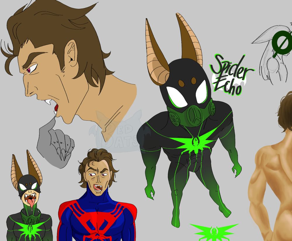 bottom left sketch; my spider sona and Spider Man 2099 showing off fangs. top left sketch face study of Miguel O'Hara. right full body of 'Spider Echo' in a fun perspective from above. hiding on the right is back anatomy study of Miguel, and the top is a small comic sketch