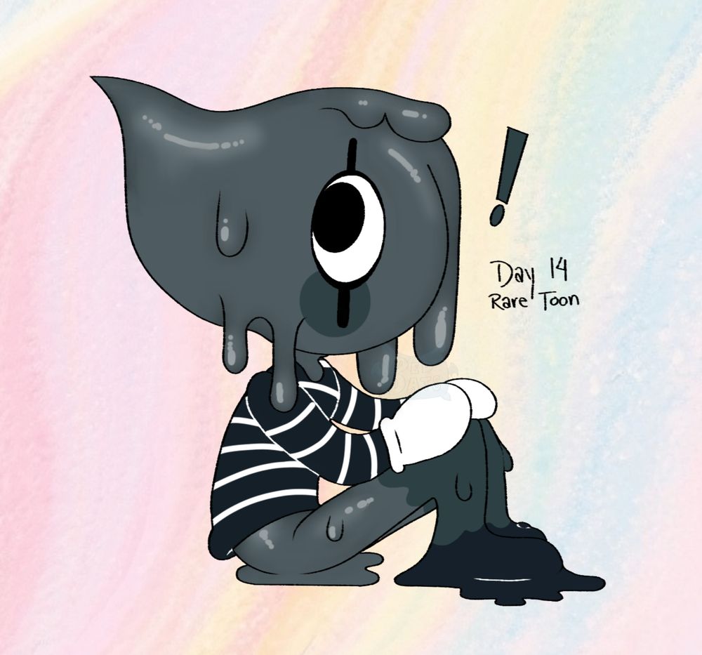 A digital drawing of Dandy's World Blot seated on the floor looking surprised. Text states 'Day 14 Rare Toon'