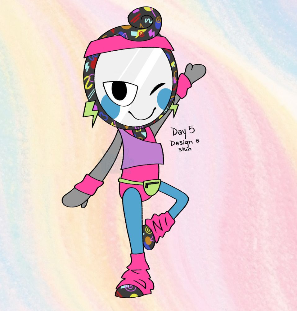A digital drawing of Dandy’s World Glisten in a made up skin based on 80’s Zumba fashion with the text stating ‘Day 5 Design a skin’