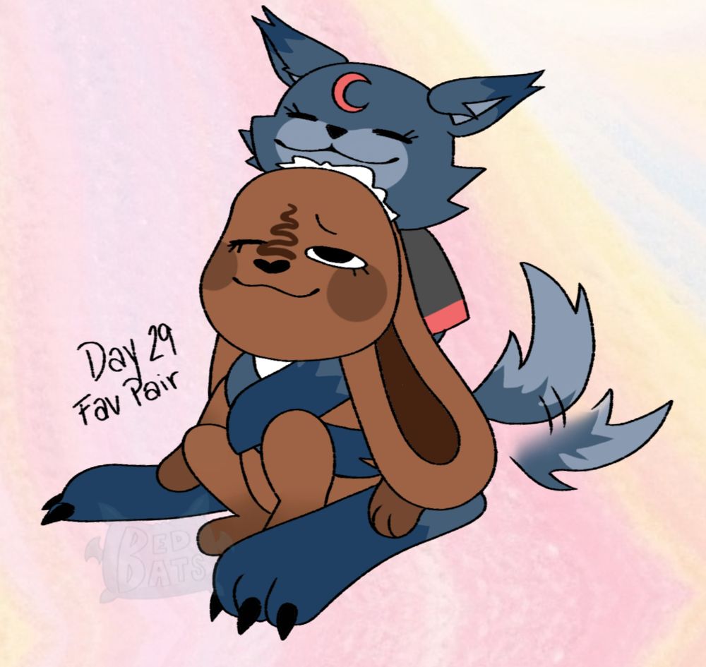 A digital drawing of Dandy's World Eclipse and Cocoa cuddling. Cocoa looks up at the wolf who's tail is wagging, eyes are closed, and arms wrapped around the bunny. Text states 'Day 29 Fav Pair'