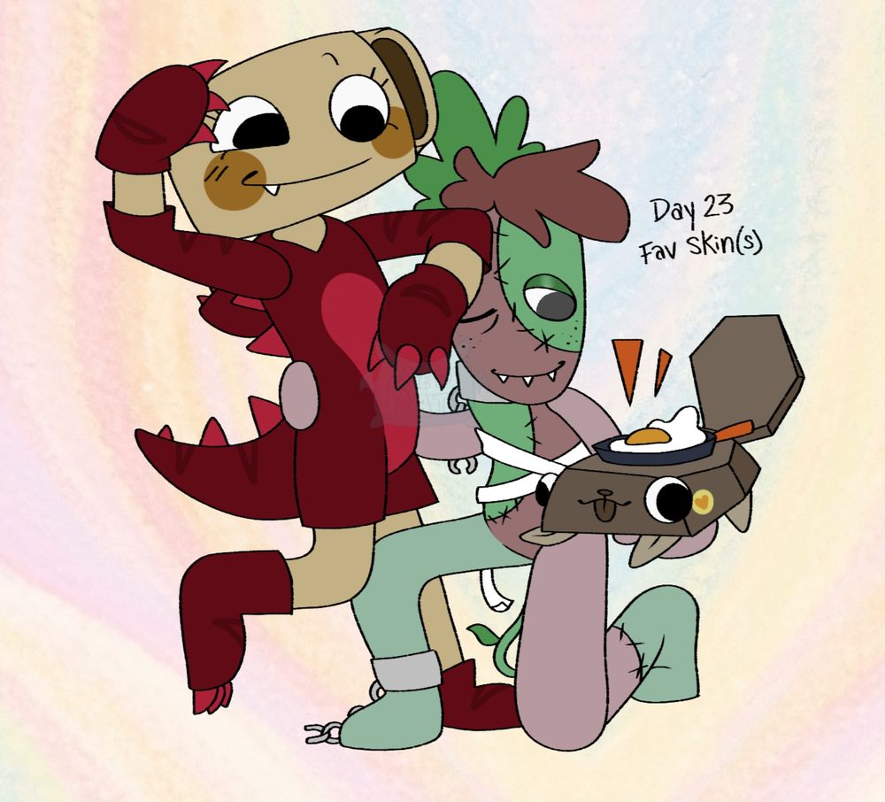 A digital drawing of Dandy's World Shelly in her Dinosnore pjs, Sprout in his Berry Beast fit, and Pebble with his Served Egg skin all posing together. Sprout hold both mains on either side of him in a friendly manor kneeling. Pebble being suspended in the air extends his limbs with a smile. Shelly raises both her paws while on one leg. Text states 'Day 23 Fav Skin(s)'