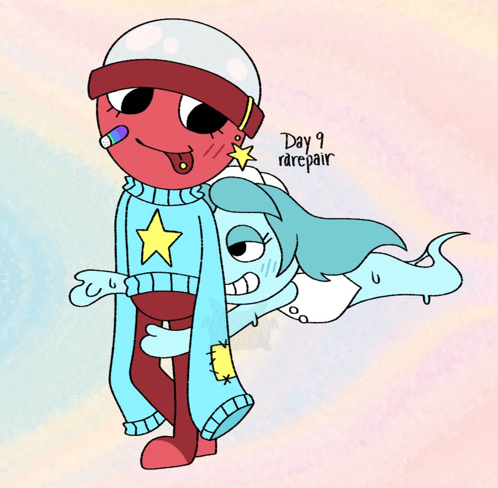 A digital drawing of Dandy's World Connie and Gigi, with the ghost giving the capsule a hug from behind at waist level. Both are happy and looking at each other. Text states 'Day 9 rarepair'