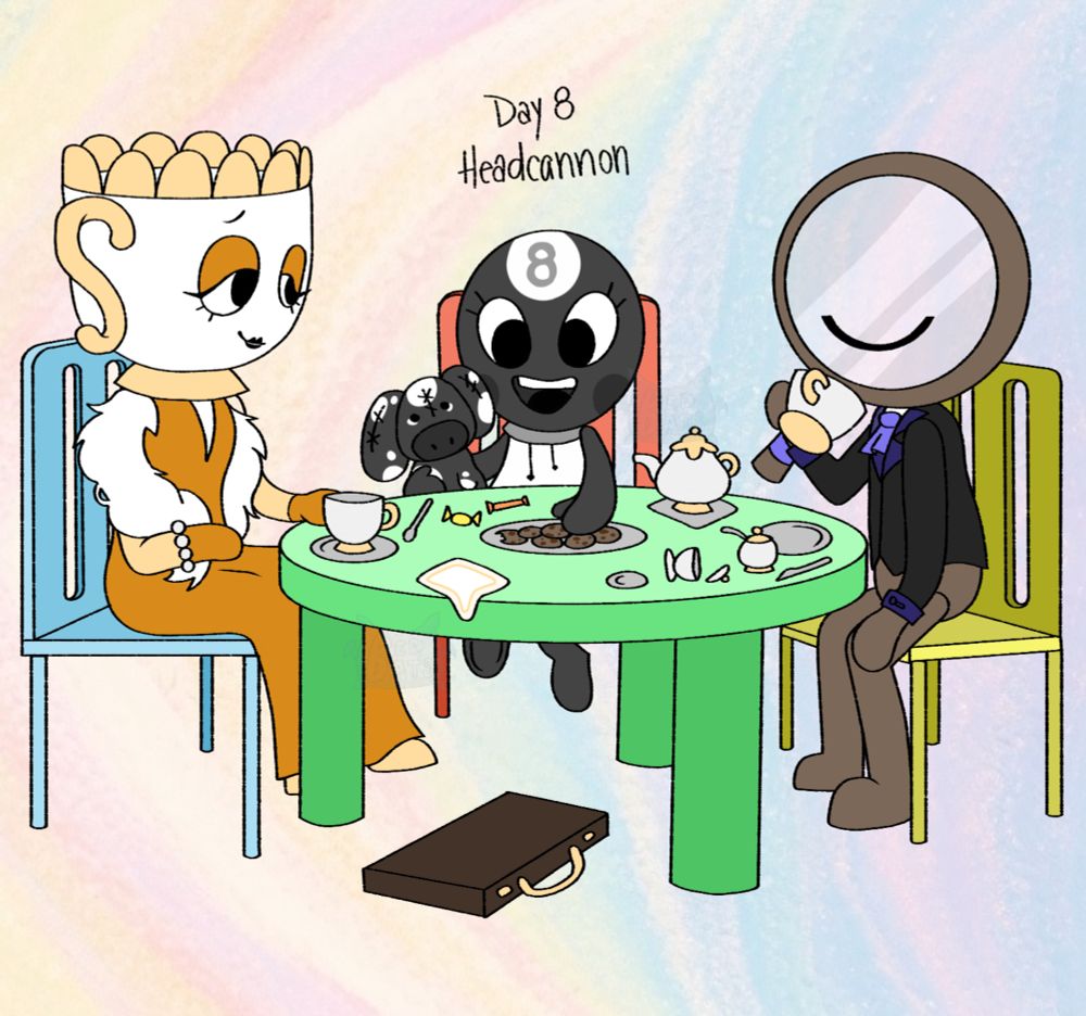 a digital drawing of Dandy's World Teagan, Rodger, and Toodles all sitting down at a colorful table with a teaset. Toodles is ecstatic, reaching for the cookies, Teagan is happily glancing at the child, and Rodger is sipping non existant tea at this party. Text states 'Day 8 Headcannon'