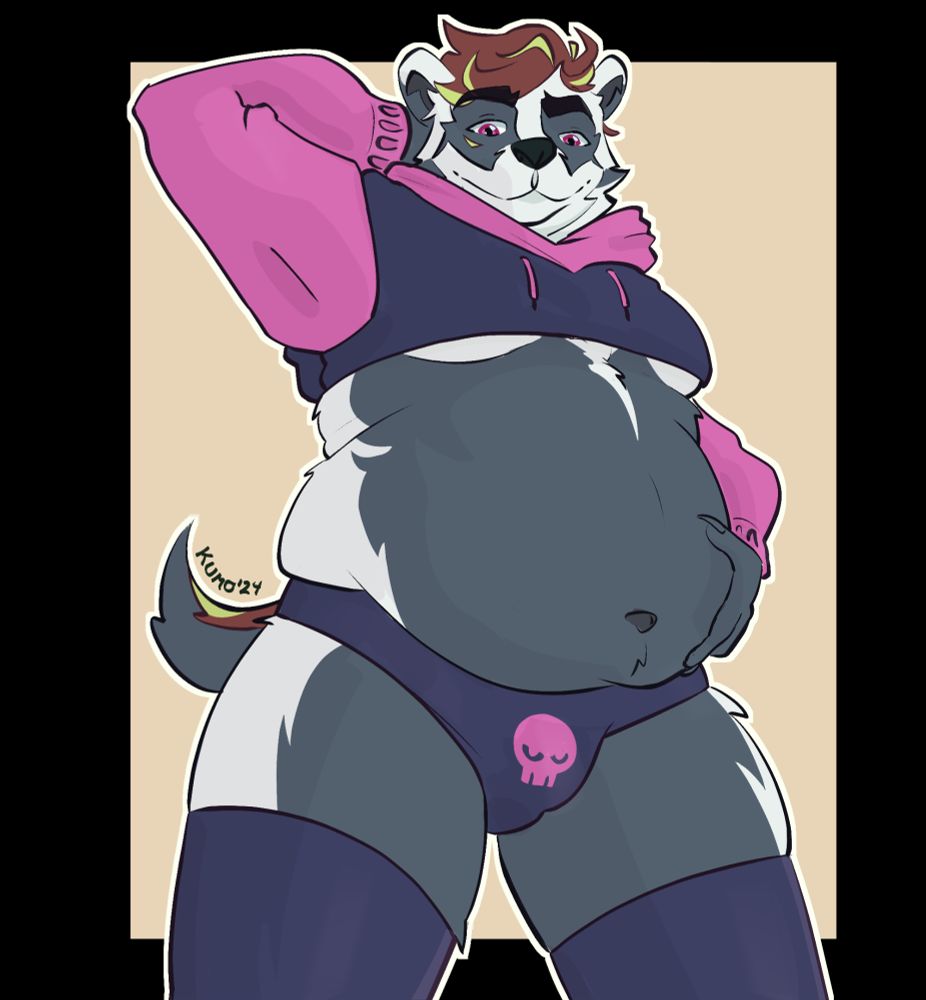 A black-and-white European badger fursona wears a pink and grey short hoodie, a grey high stockings and a grey underwear with pink skull print.