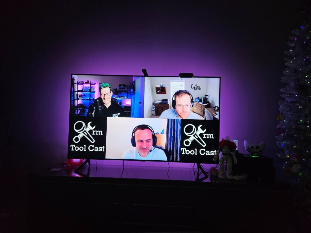 XrmToolCast episode 117 showing on the TV with my christmas tree on the side