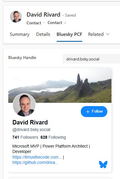 PCF control that displays a Bluesky profile on a model-driven app
