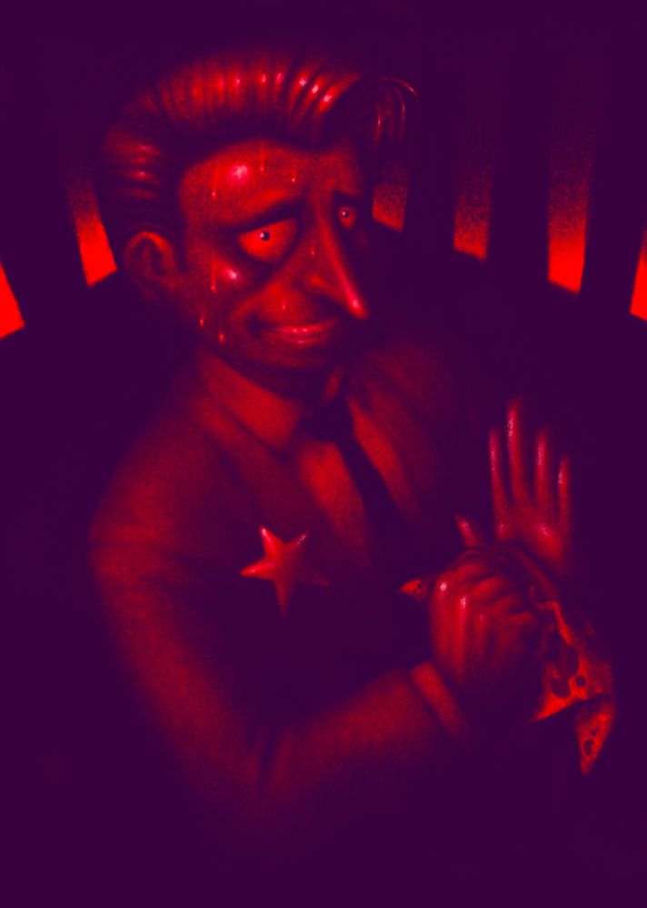 A drawing of a man with a long nose and large eyes smiling toward the viewer while he wipes blood from his hands with a handkerchief. He is smiling, but he is sweating profusely and his eyes appear anxious or manic. He is wearing a dress shirt, jacket and tie, and he has a shiny metal star pinned to his jacket in the manner of a police badge.