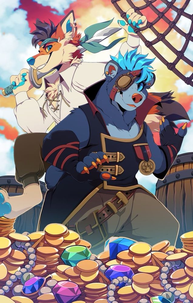 Arc, an orange and blue coyote wearing a swashbucklers outfit and carrying a sword, hangs off of a rope. He has an adventurous smirk that he is giving to the viewer. Carver, a blue bear with orange highlights wearing a sly-pirate outfit, is in the foreground. She is smirking over her shoulder at Arc. Both look ready to take on an epic battle. There are barrels and treasure in the BG and foreground.  