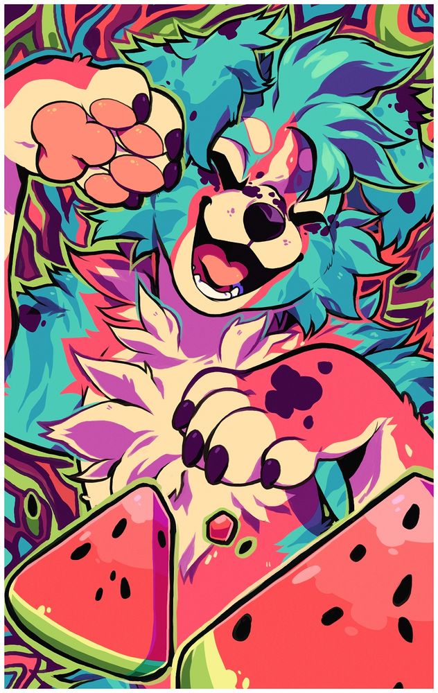 A floppy eared dog with eyes closed and a huge smile. Both paws are up excitedly. The background is a bunch of swirls and there are two watermelon pieces in the foreground. The character is also watermelon-themed in color. 