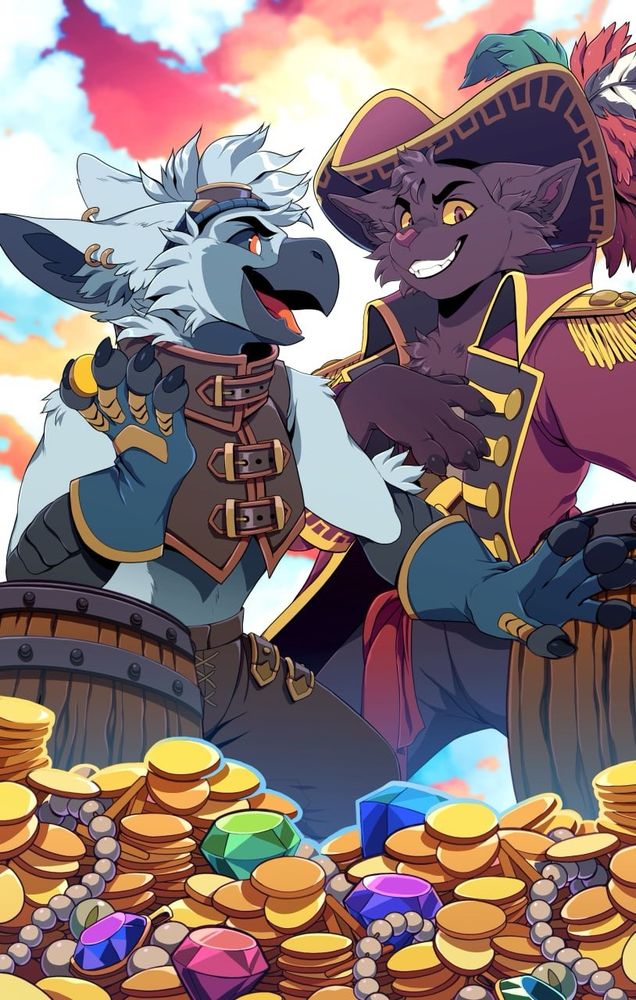 Spike, a gray gryphon wearing a leather sky-pirate outfit, holds a gold coin and faces the middle of then image with an arm outstretched. Prryce, a black cat wearing a pirate captain uniform, holds a hand to his chest and looks proudly down at the viewer. Both seem a bit menacing, to the best of their ability, and confident. In the foreground there are barrels and treasure.  
