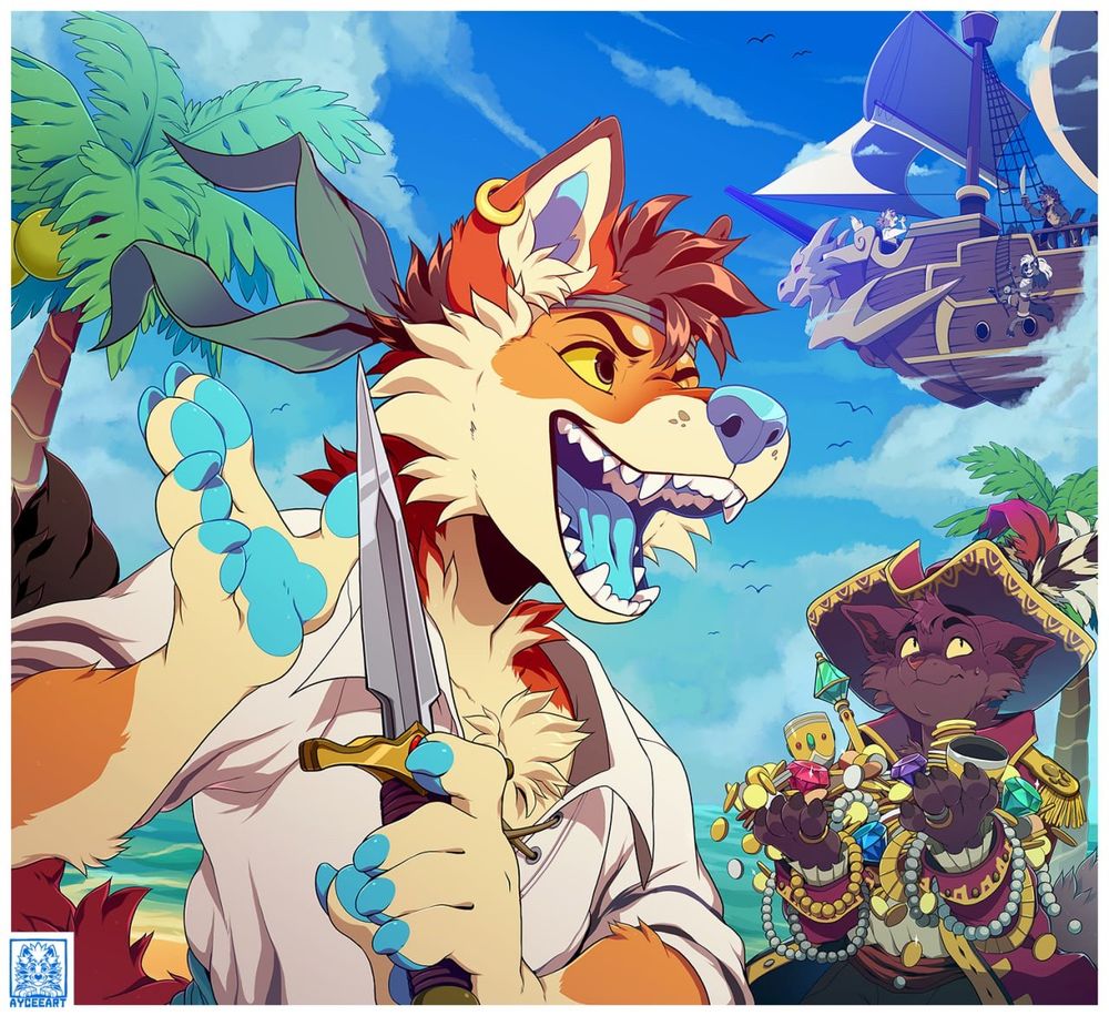 Arc (an orange and brown coyote with blue highlights dressed in a swashbuckling outfit and holding a dagger) in the foreground looking ready for a battle as a flying pirate ship looks overhead. In the background Prryce (a dark purple cat dressed in an oversized pirate captain’s uniform) juggles a giant pile of treasure in his paws while looking upward in a nervous manner. They are both on a beach with the ocean behind them. 