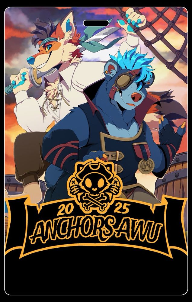 Same as previous image but the background is a stormy sunset. The image is also cut out to be the shape of the convention badge, including a gold banner featuring a cat skull and crossbones. The text says Anchors AWU 2025.