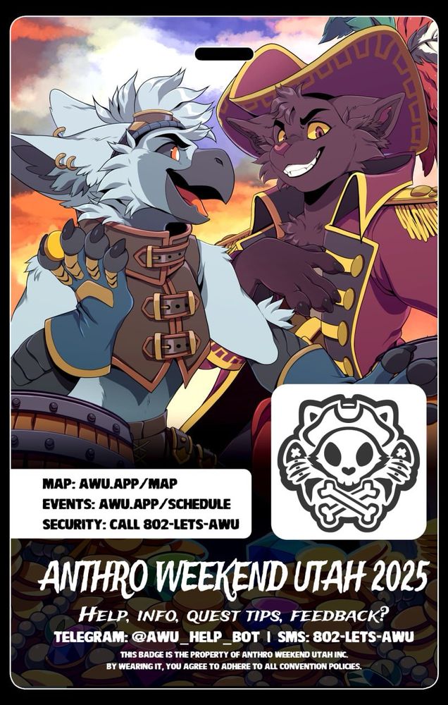 Same as the previous image, but overlaid with a badge cutout and information regarding the convention such as maps and schedules. The BG is a stormy looking sunset. 