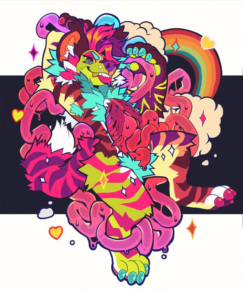 A candy gore image with an extremely colorful striped hyena character pulling out their candy-red and drippy ‘guts’ they are surrounded by stars, hearts, and rainbows. The overall mood is happy/snarly and upbeat. 