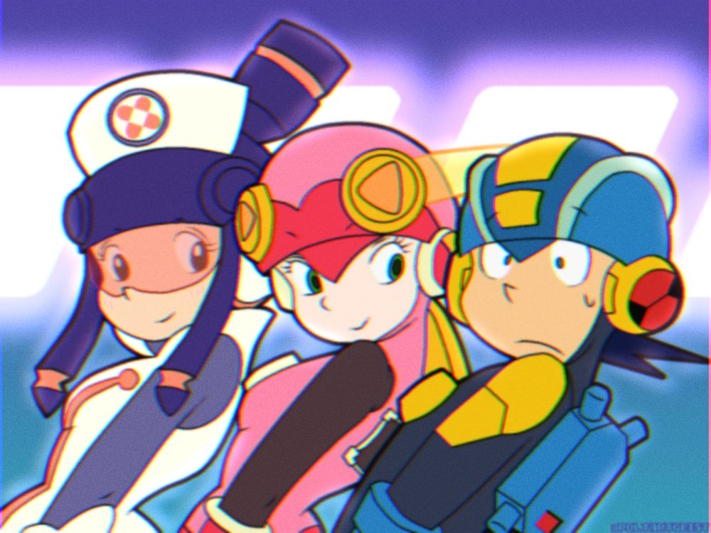 Fake screenshot parodying the "Lum no Love Song" opening from Urusei Yatsura (1981 TV series), featuring MegaMan.EXE, Roll.EXE and Meddy.EXE.