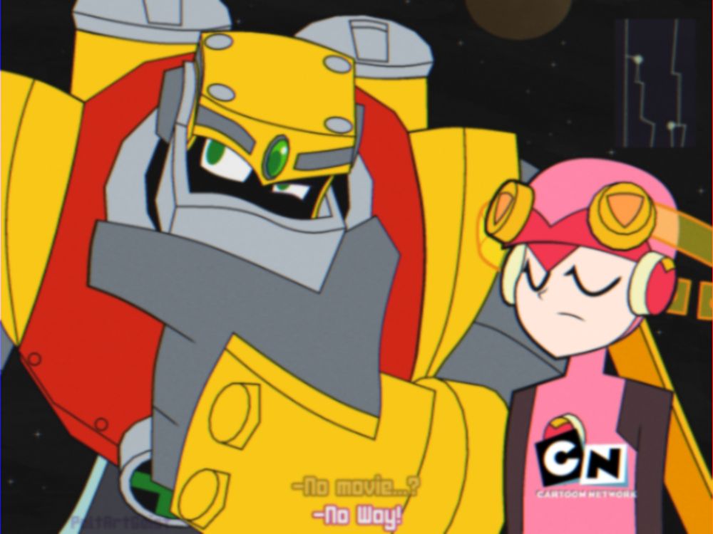 Fake screenshot of "Jack In! MegaMan!" featuring Roll.EXE and GutsMan.EXE, redrawn in the style of a 2000s Cartoon Network show.