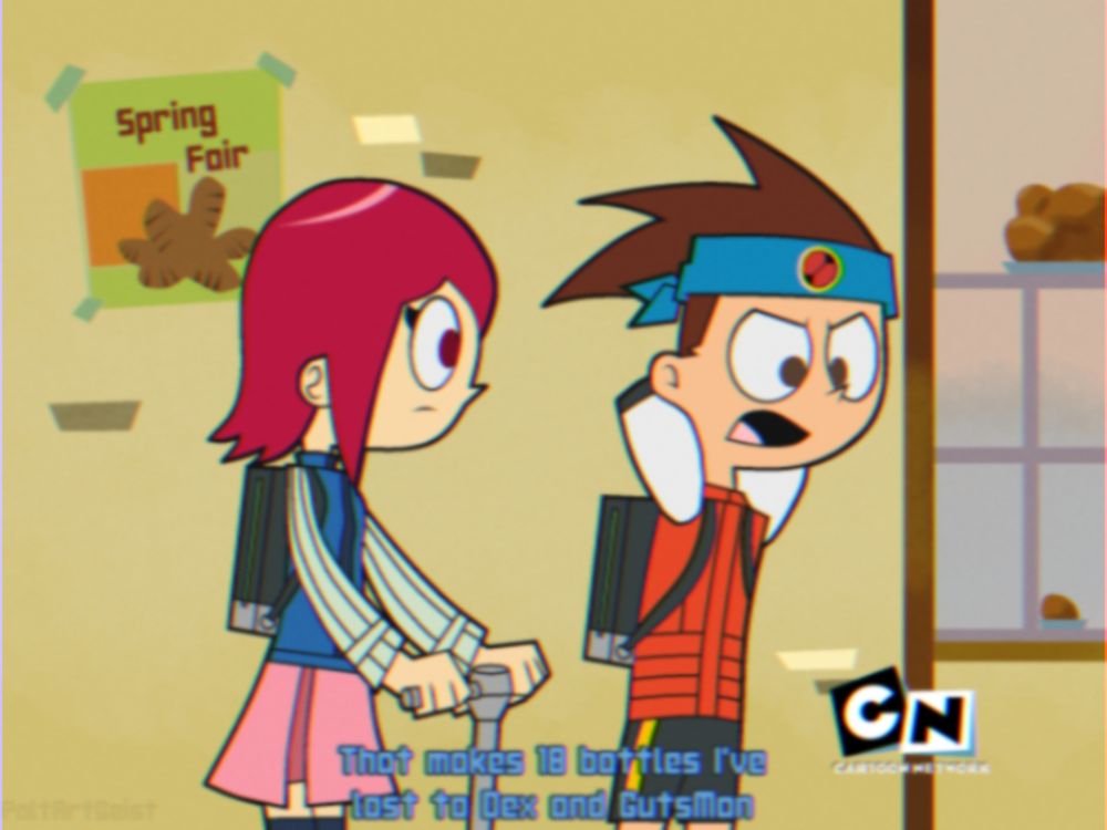 Fake screenshot of "Jack In! MegaMan!" featuring Lan Hikari and Mayl Sakurai, redrawn in the style of a 2000s Cartoon Network show.