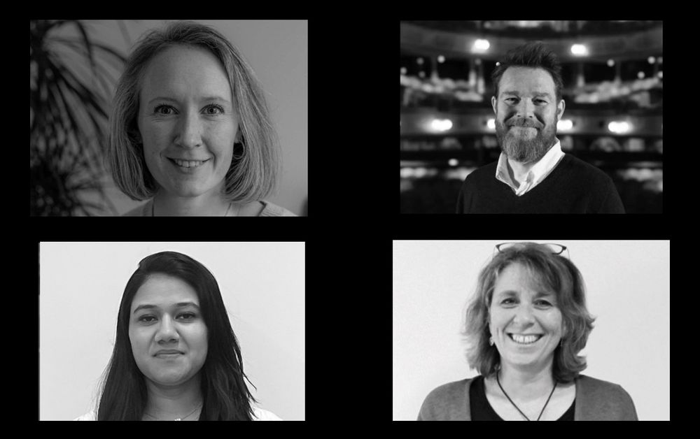Headshots for new Board Trustees Ali Forbes, David Greig, Pooja Joshi and Wendy West. Photos are in black & white and arranged in rows of 2 x 2 squares against a black background.