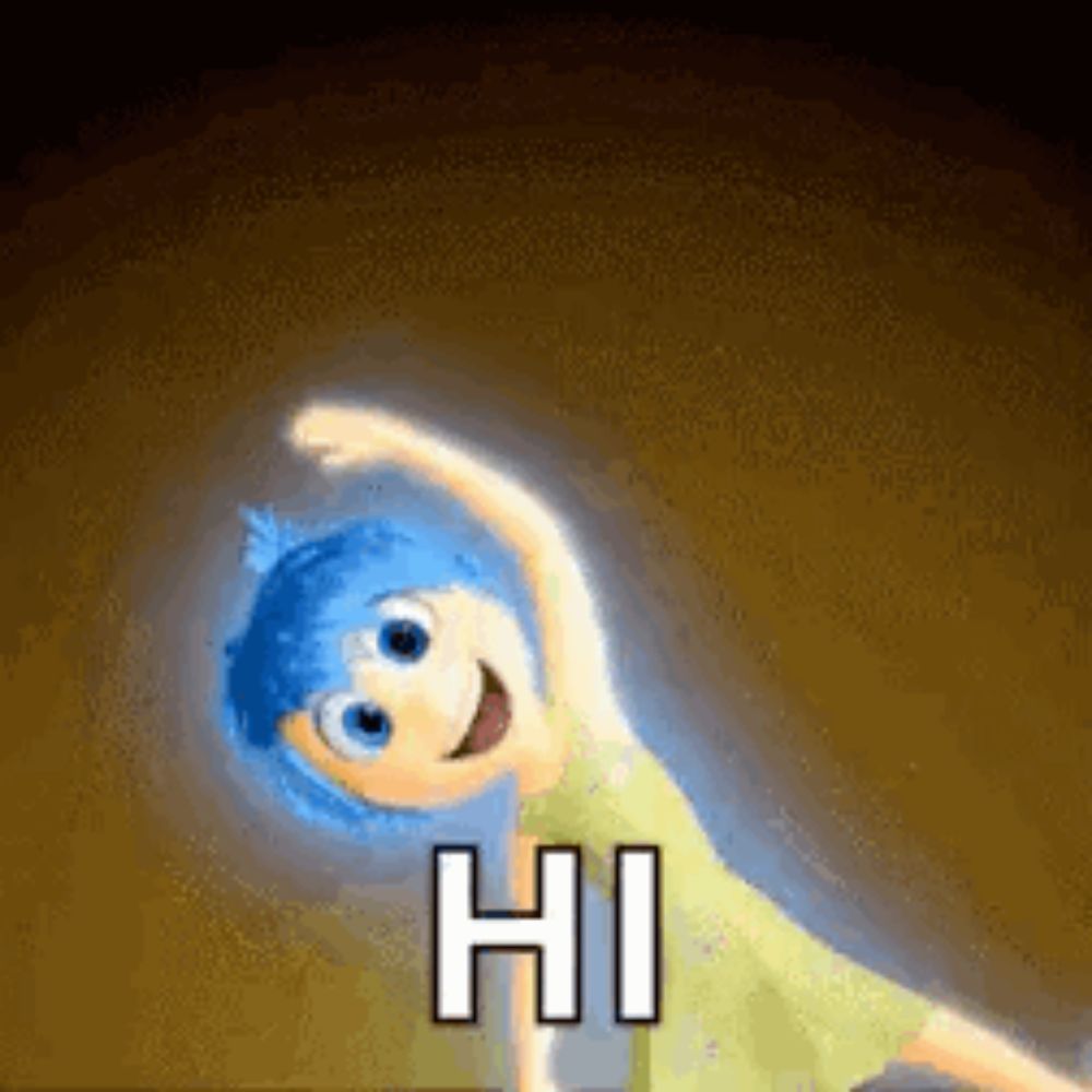 a cartoon character from inside out is saying hi while stretching her arms .