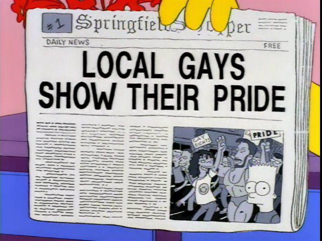 Simpsons newspaper Gag “local gays show their pride” with Bart pictured in parade 