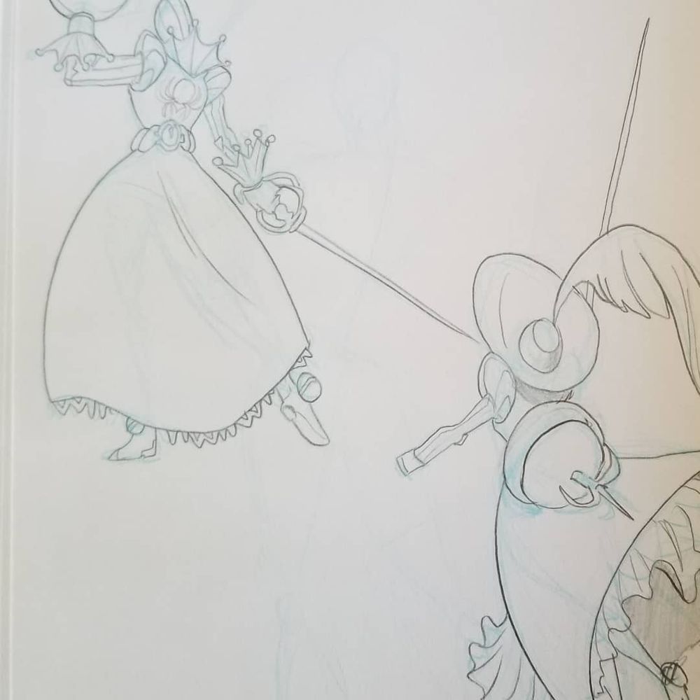 A sketch of a spidersona from the back, she wears a large dress, and wields a pointy sword