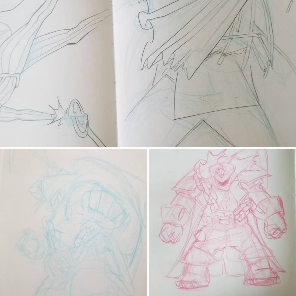 Sketch in red and blue of large pirate figure, he stands menacingly