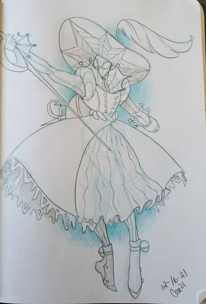 The first sketch of my spider Sona, a golden orb weaver, she wears a large puffy dress and sleeves with a floppy hat while weilding a pointed sword standing on her pointed shoes