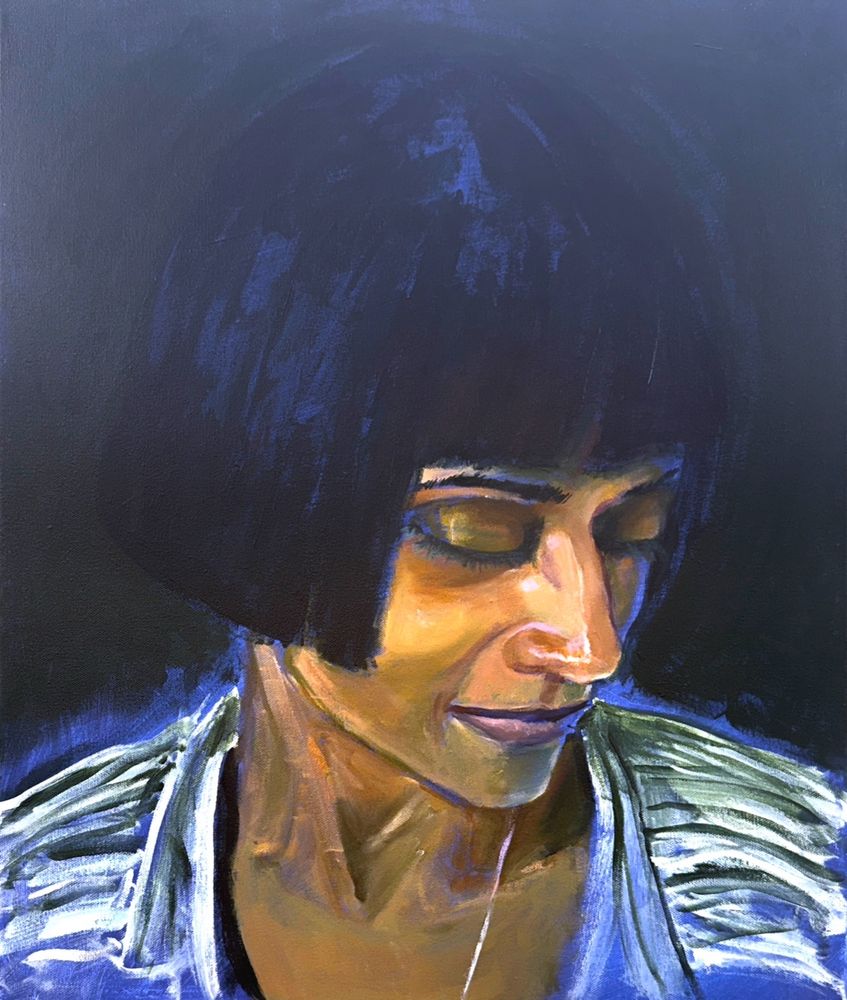 A painted portrait of a woman head slightly bowed