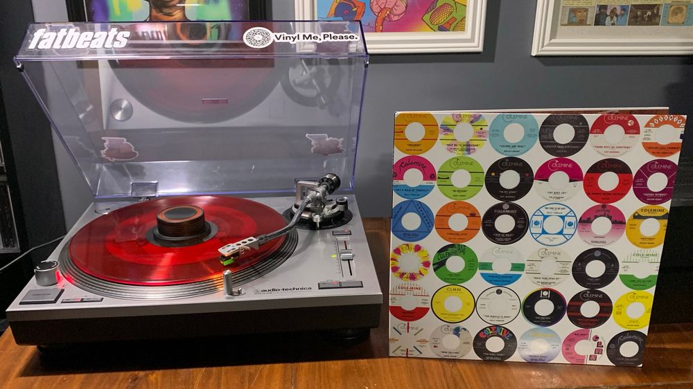 “Colemine Records presents Soul Slabs Vol. 4” red vinyl playing on a turntable
