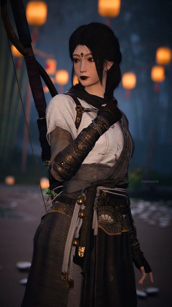 Picture of a woman with dark hair and makeup with a sword on her back. Chinese lanterns can be seen in the background