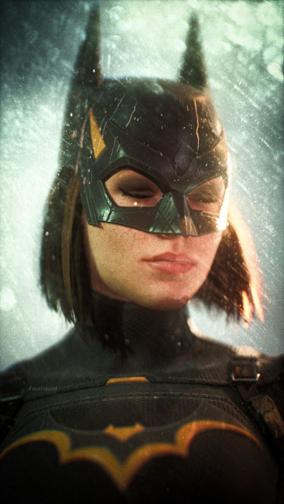 Batgirl in a heavy downpour with her eyes closed and light hitting her face