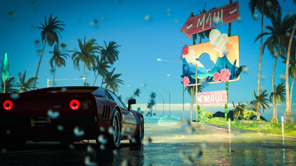 Picture of a Ferrari GTO with lights on illuminating a "Maui" sign