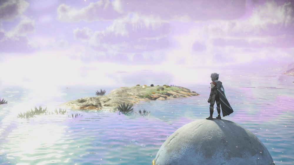 A figure in a spacesuit and cape stands on a stone orb against an endless horizon of purple hazy fog, clouds, and water