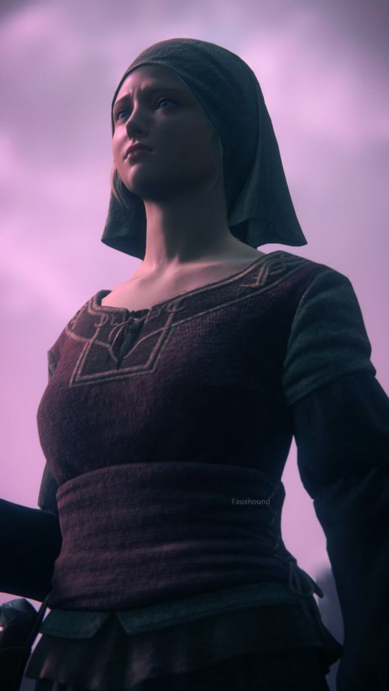 A woman in medieval time looking clothing looks offscreen against a purple sky background. She looks concerned and only one side of her face is lit
