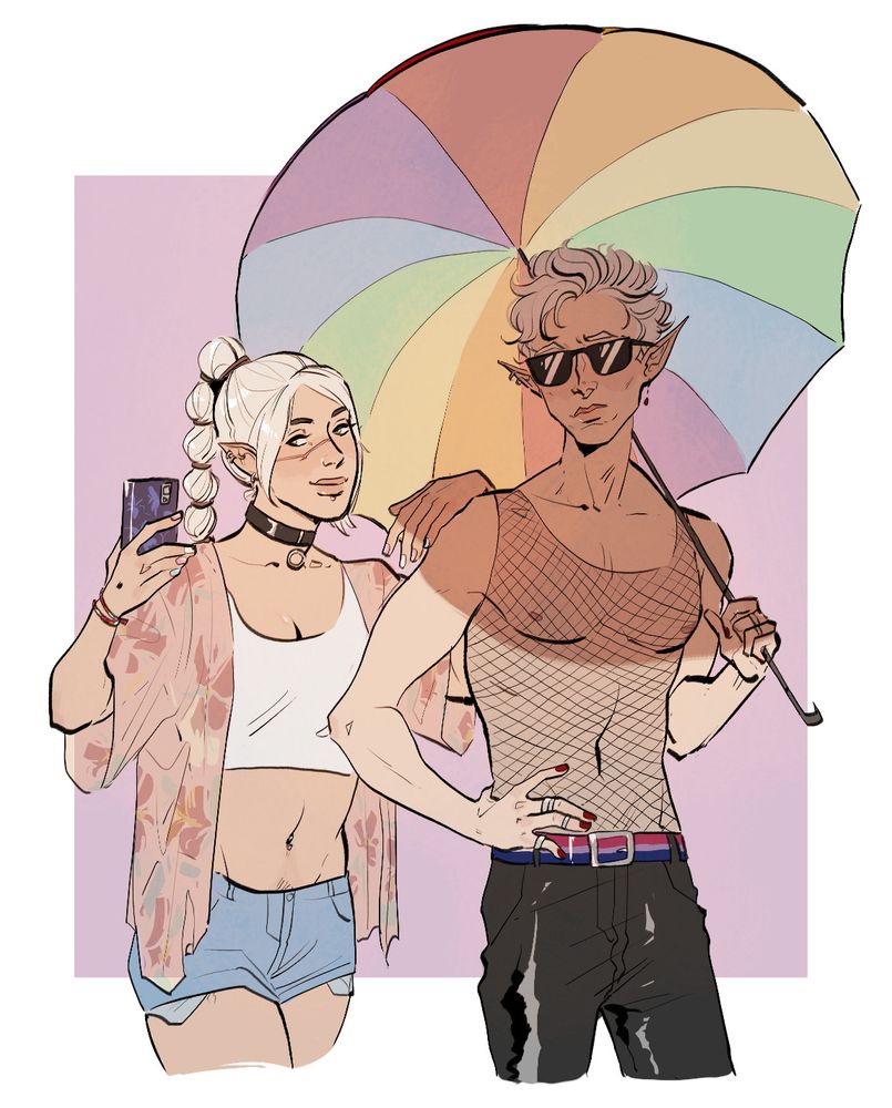 Shadowheart and Astarion from Baldur’s Gate 3 at Pride. Shadowheart is wearing a crop top, loose shirt, shorts and a collar, and has trans flag nail polish and a lesbian flag bracelet. Astarion has a mesh top and leather pants, with a bisexual flag belt and a rainbow umbrella.