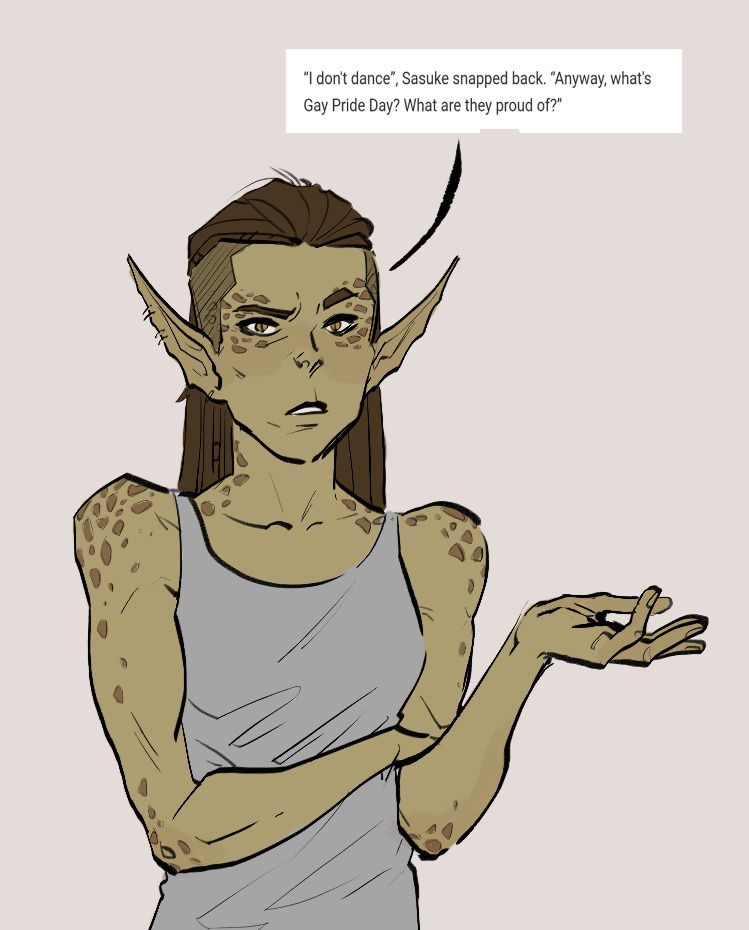 Lae’zel from Baldur’s Gate 3 with a confused look on her face, and a soeech bubble that is the screenshot of the Naruto fic quote: “I don’t dance”, Sasuke snapped back. “Anyway, what’s Gay Pride Day? What are they proud of?”