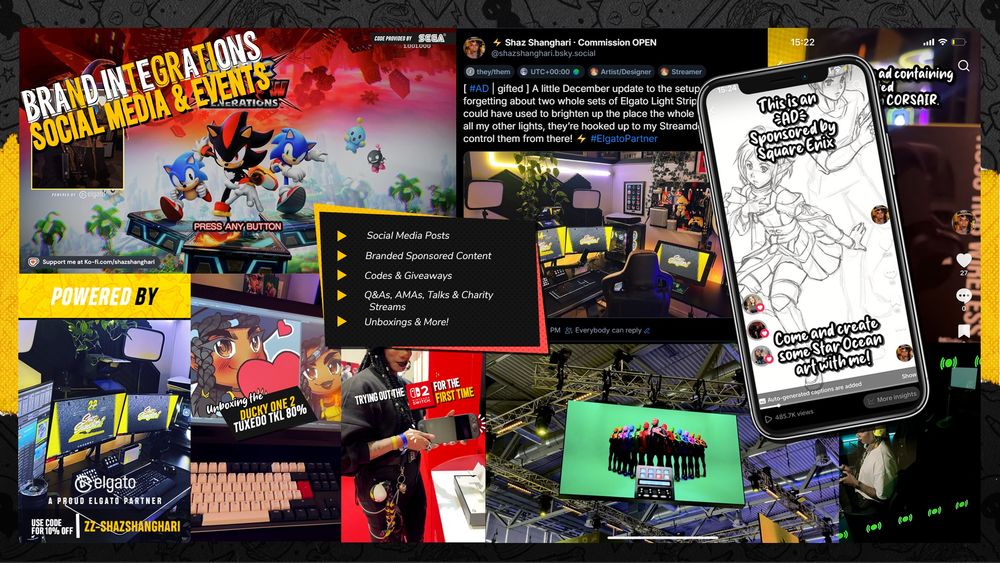 A screenshot of Shaz's New Media Kit entitled "Brand Integrations Social Media & Events" featuring a huge collage of various screenshots, events and promotional posts over the last 2 years, largely designed to show an array of services available in an artistic way. In the middle there is a box with yellow and red accents with the bullet points "- Social Media Posts, - Branded Sponsored Content, - Codes & Giveaways, - Q&A, AMAs, Talks and Charity Streams, - Unboxings and More!)