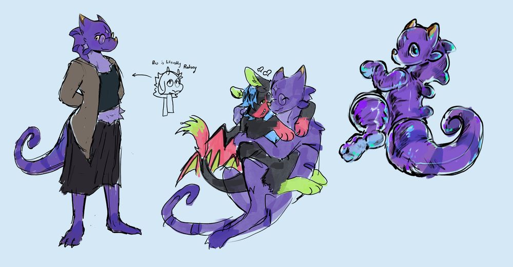 sketches of an anthro purple chameleon. in one sketch he's drawn as a pooltoy