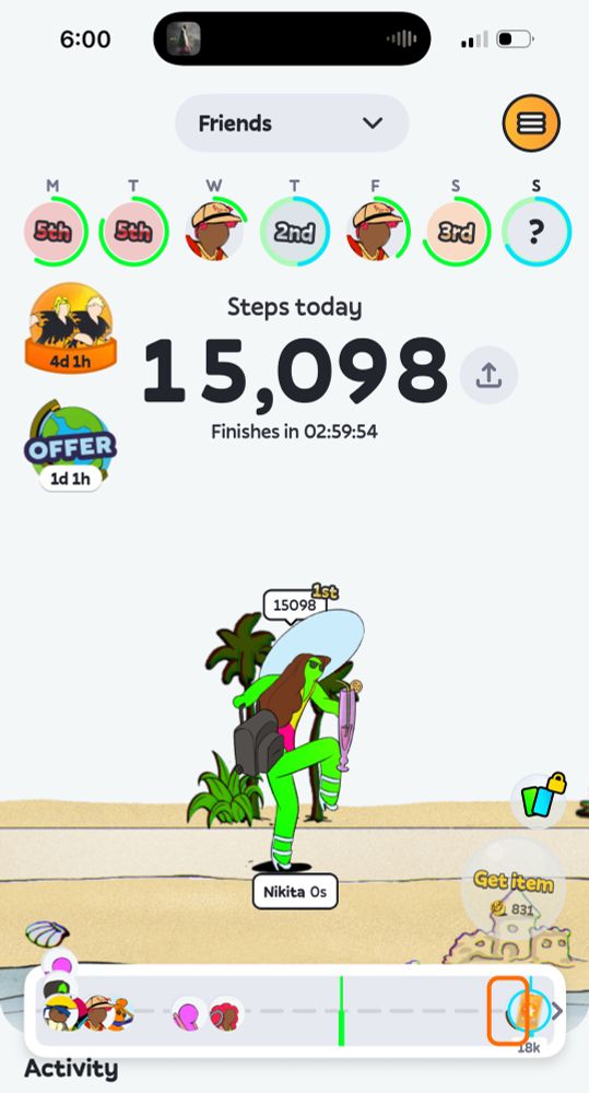 A green avatar character representing player Nikita, showing she walked 15,098 steps today