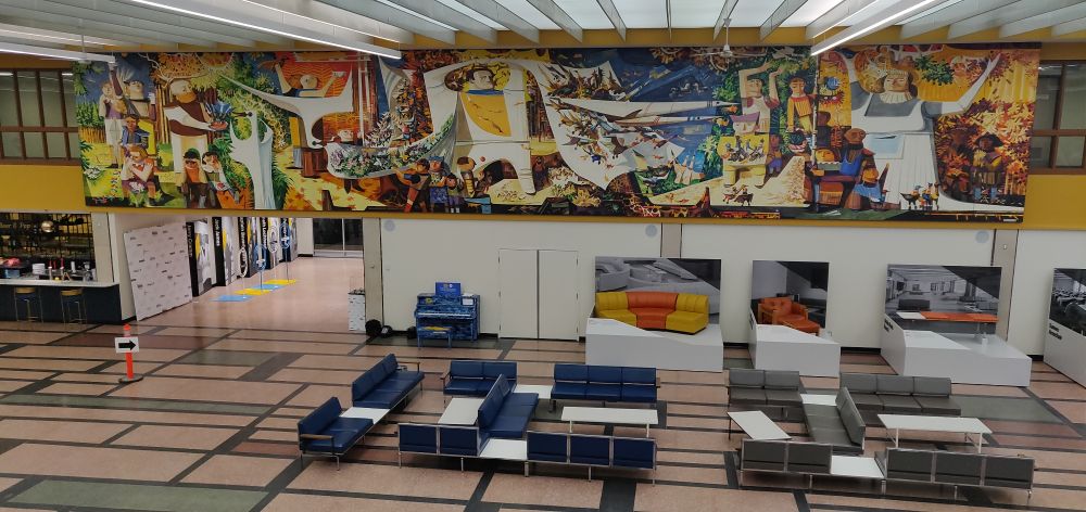The international lounge with a mural