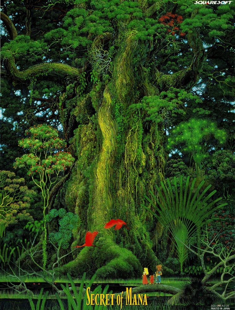 the cover art for Secret of Mana featuring a massive tree surrounded by smaller ones with 3 characters standing on the ground looking up at it and two red birds flying in front of it