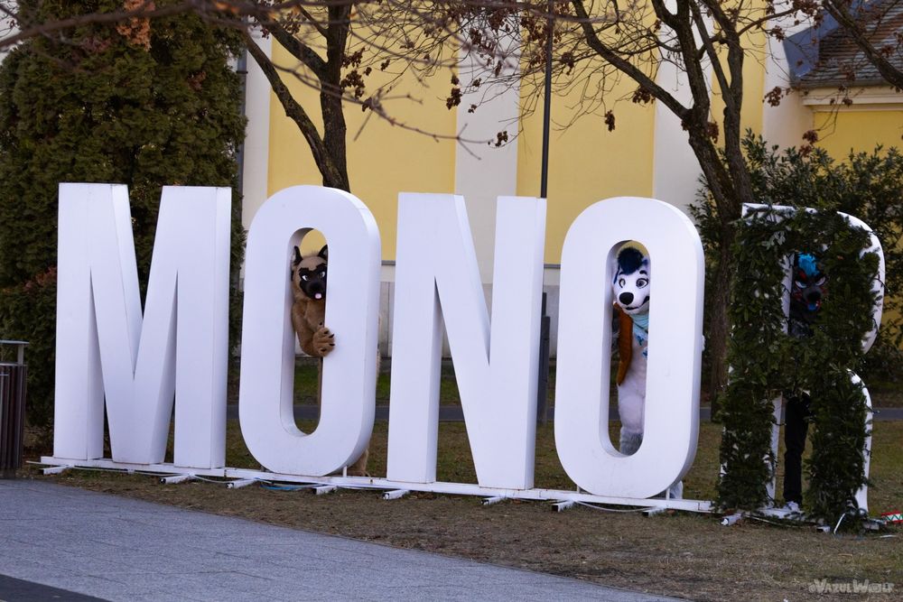 Fursuiters posing the huge Monor sign.