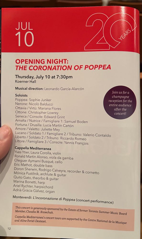 Photo of page of programme booklet for the Toronto Summer Music Festival, listing performers of L’incoronazione di Poppea by Claudio Monteverdi.