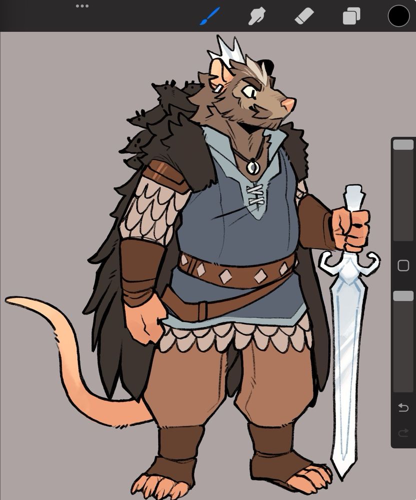 colored sketch of a large anthro rat man grasping a large silvery sword. He's dressed in a blue tunic with leather armor, a fur cloak covered in rodents and wears an iron crown. 