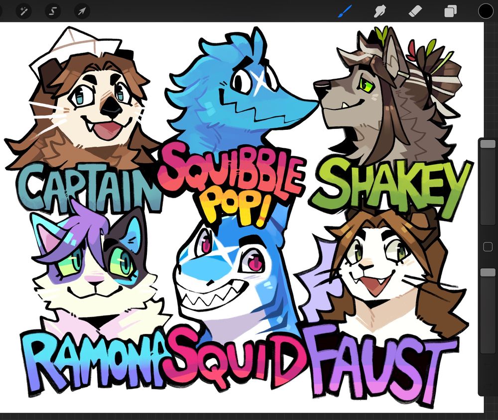 several furry headshots of various critters- Captain the otter, Squibble pop the worm, Shakey the bear wolf, Ramona the cat, Squid the shark, and Faust the martin
