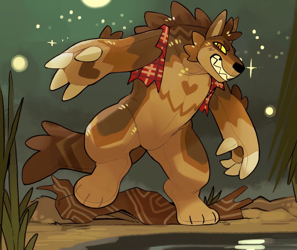 simple colored sketch of a soft brown furry werewolf pool toy standing by a pond in the night